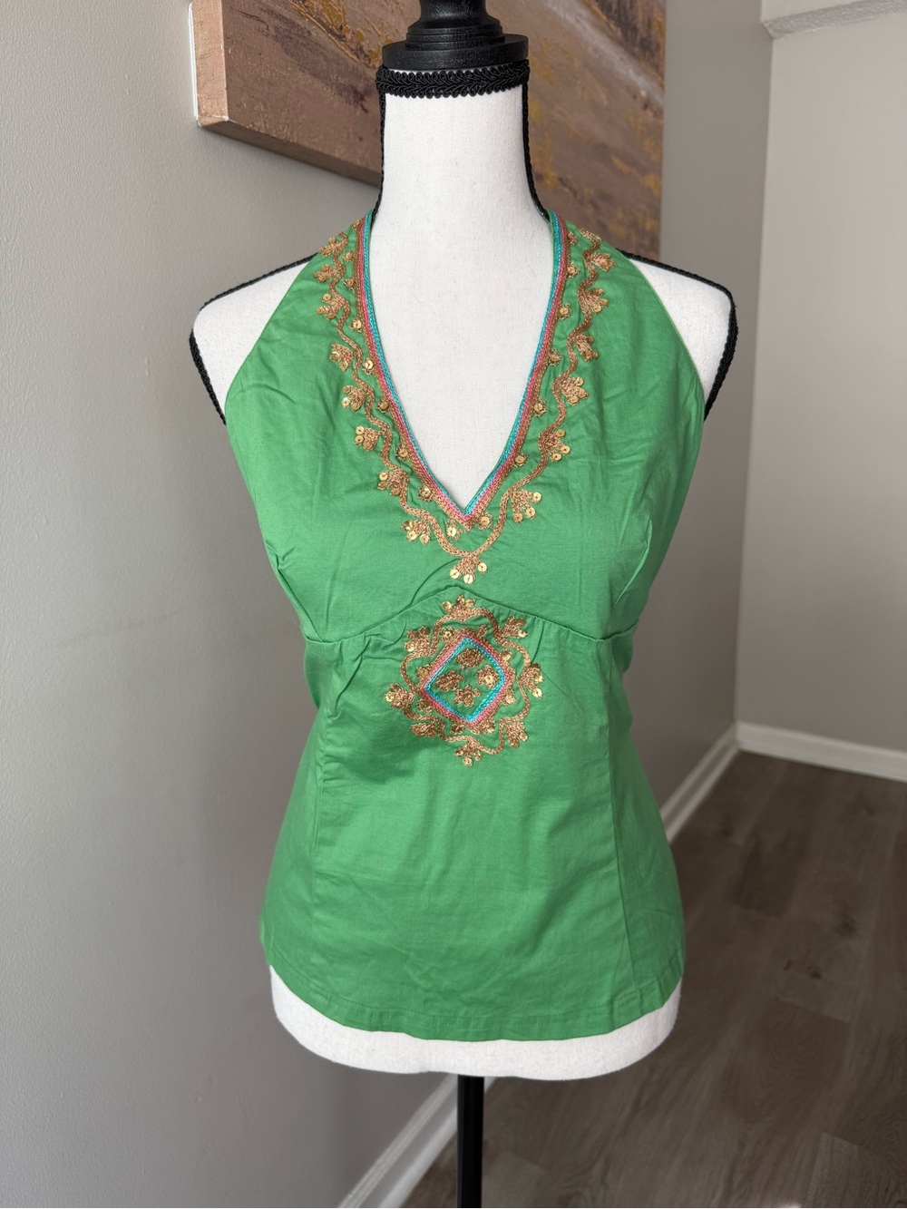 Nostalgia Y2K Boho Green Embroidered Sequin Halter Top NWT Size M